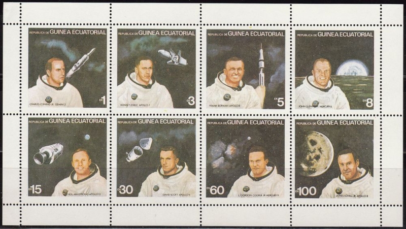z vendido Guinea Ecuatorial 1983 Sellos HB Espacio Cosmonautica Satelites Transbordador Astronautas Apolo Matasello de favor Preobliterado 